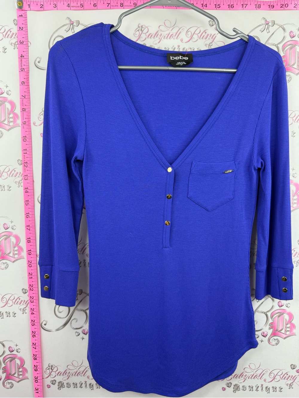 bebe shirt Royal Blue Long Sleeve V-Neck Henley Top